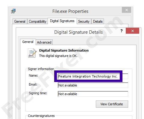 Screenshot of the Feature Integration Technology Inc. certificate